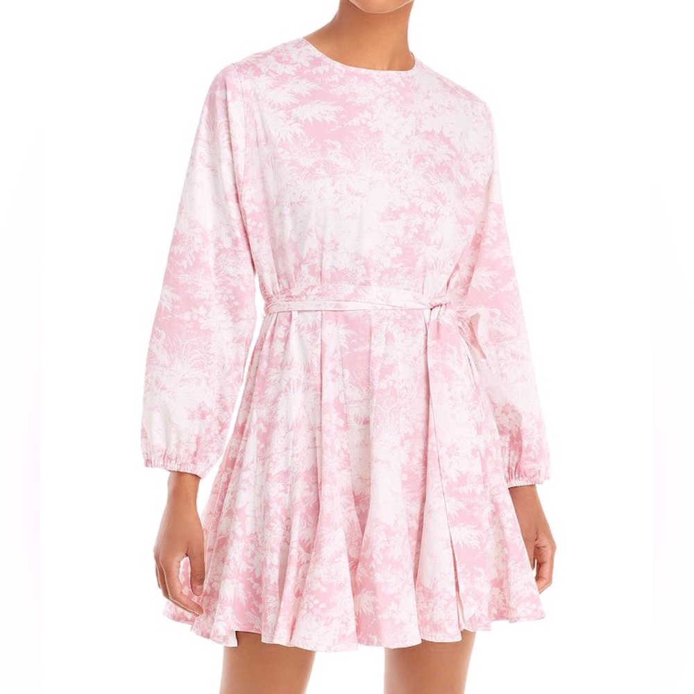 WAYF Altonia Swing Poplin Dress Pink Jungle Women’s S Belted Ruffle Long Sleeve